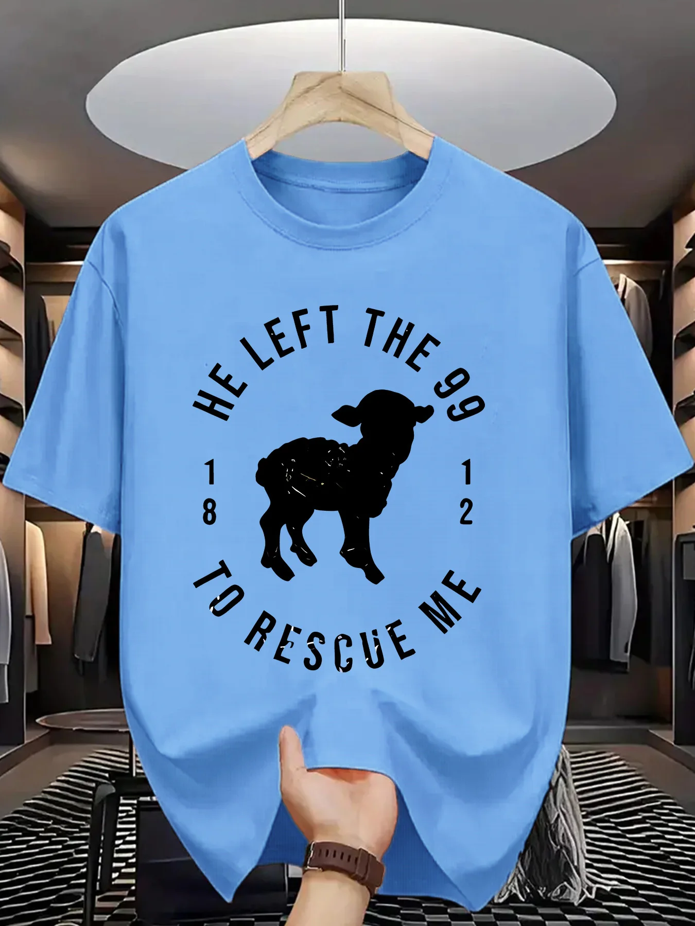 He Left The 99 To Rescue Me Mens Crew Neck T Shirt Lamb Silhouette Faith Slogan Graphic Short Sleeve Casual Street Tops
