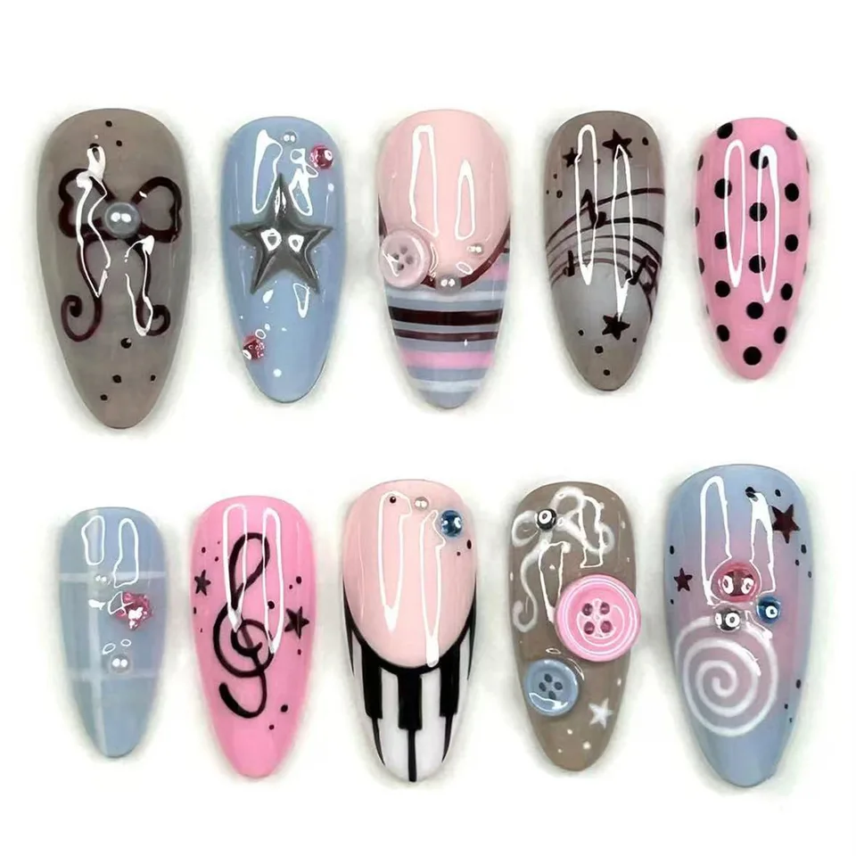 24 Uñas Postizas Largas Almendradas con Diseño de Estrellas y Cristales, Rosadas con Estampado Francés de Leopardo y Negro 4