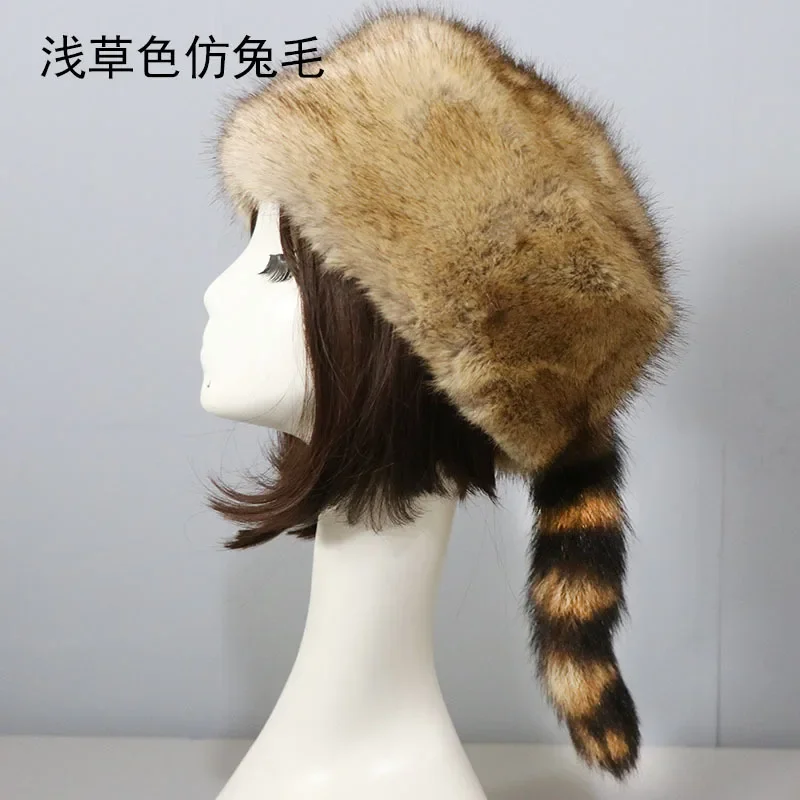 

Women's Winter Hat Soft Faux Fur Hats Decor Elastic Raccoon Tail Hat Russia Circle Flat Top No Brim Caps Anti-slip Outdoor Cap