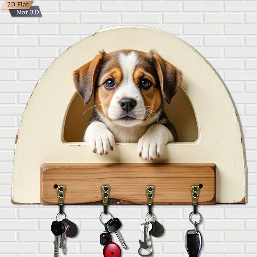 A 2D Wooden Key Hook in The Shape of a Puppy, Multifunctional for Home Use, Includes Four Metal Hooks, Suitable for Wall