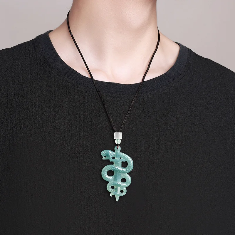 Original Natural A-grade Jade Snake Year Pendant Black Mamba Commemorative Necklace Ice Jadeite Male Female Hip Hop Jewelry