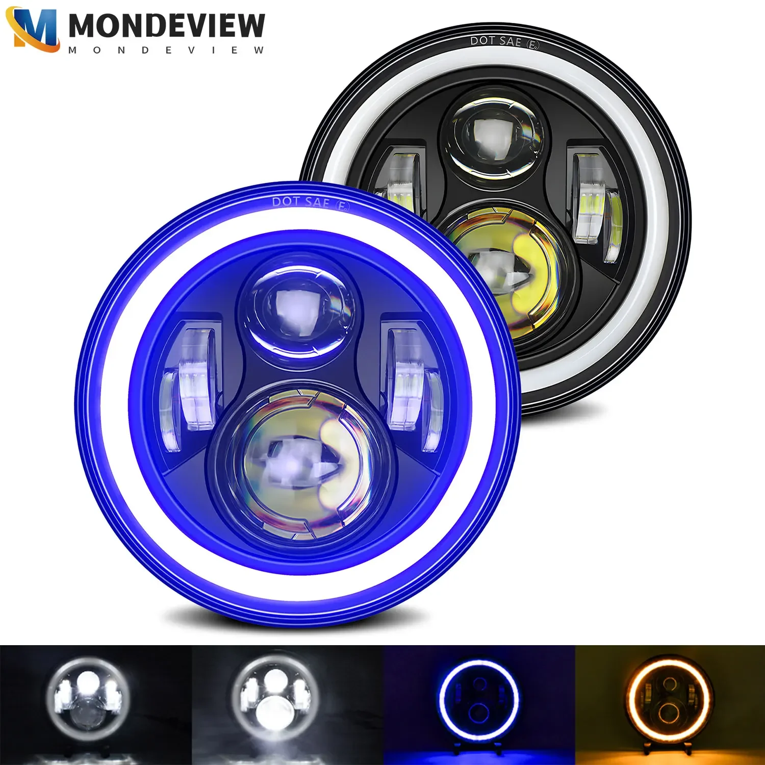 

MONDEVIEW 7-inch Y1 Wrangler LED Headlights 6000K Blue White 3000K Yellow 180W 18000LM High Brightness Car Running Lights
