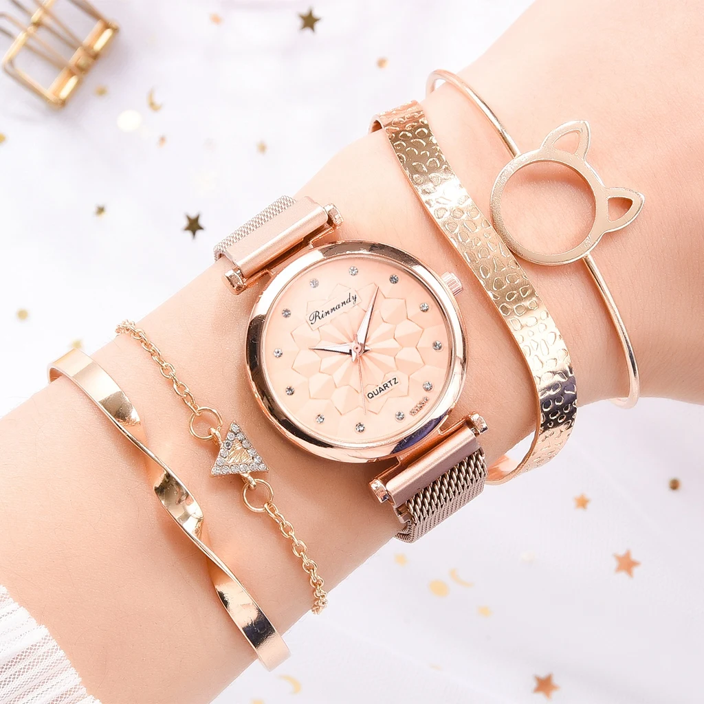 5PCS Bracelet Watches Set Fashion Women Rose Gold Mesh Belt Wristwatches Quartz Watch for Women Business Clock Relogio Feminino