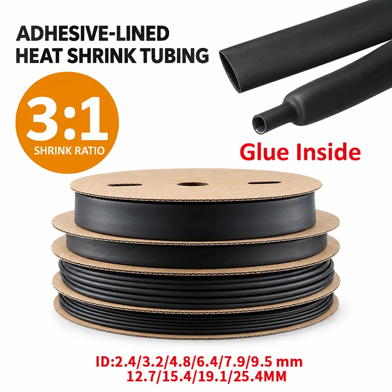 1/5/10/50M 3:1 Adhesive Lined Dual Wall Heat Shrink Tube 1.6-25.4mm Insulation Sealing Sleeve for Electrical Wire Cable Repair