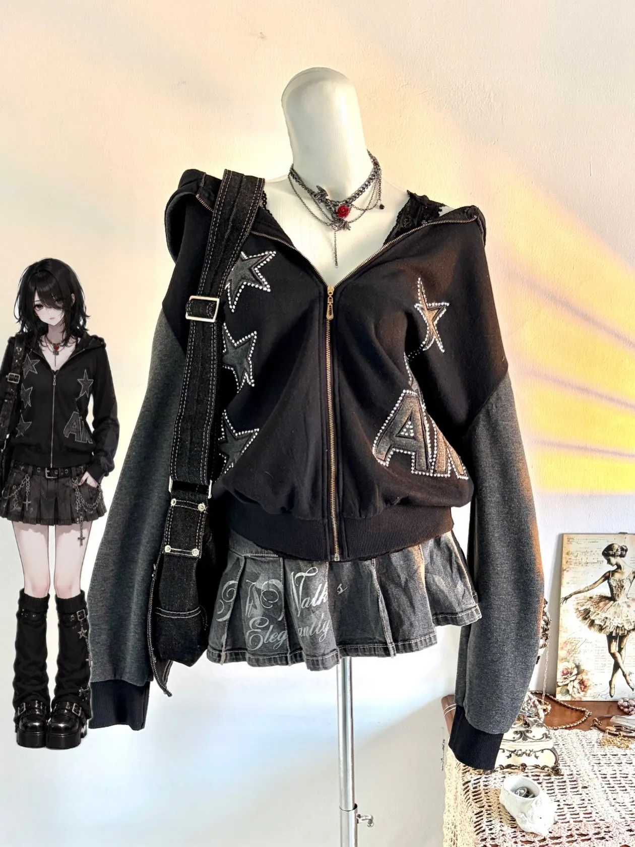 Grunge Alt Women Cropped Hooded Jacket Star Rhinestone Color Block Zip Up Long Sleeve Y2K Street Sweatshirt
