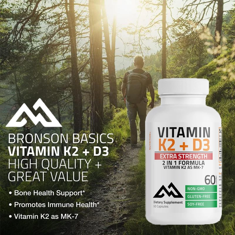 Vitamina K2 com Suplemento D3, Fórmula sem OGM, 60 Cápsulas Vegetarianas, Fácil de Engolir, Ossos Fortes, MK7