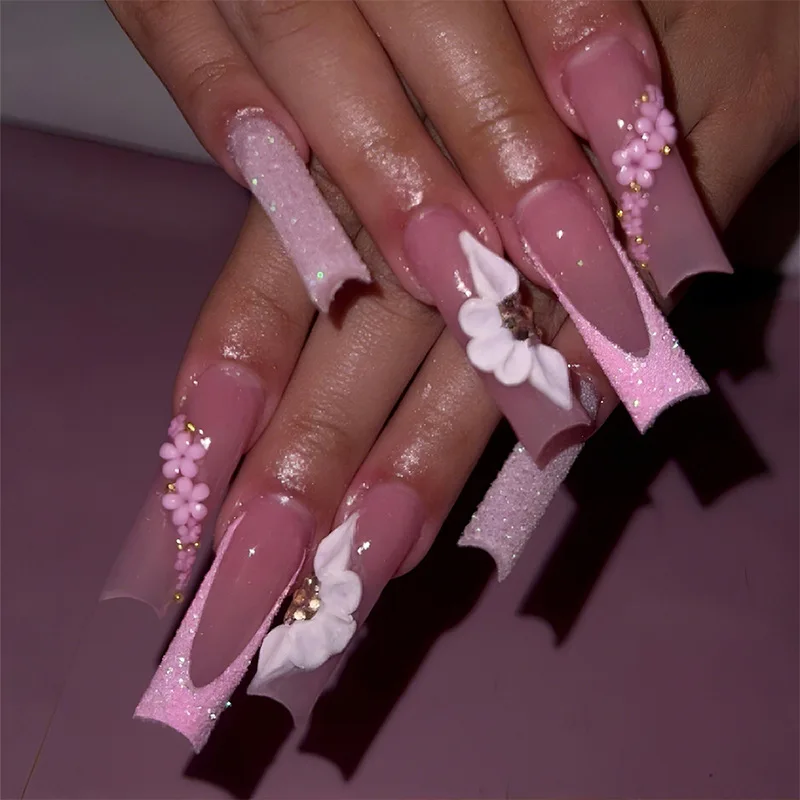 

24Pcs Long Square Head French Fake Nail with 3D Flower Shiny Powder Design Press on False Nails Datachable Full Cover Nails Tips