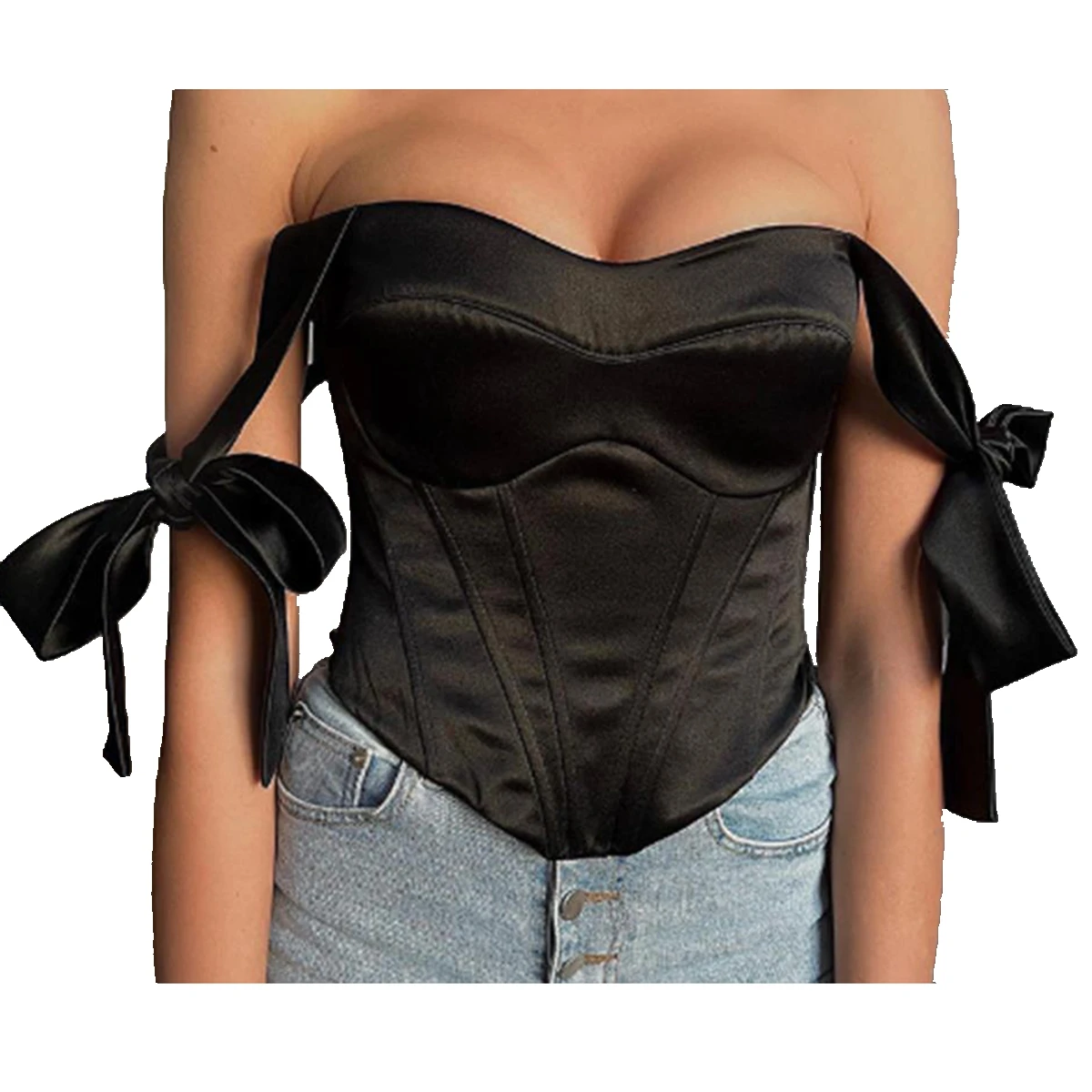 Odzież damska Summer Coquette Stain Bustier Tops, Vintage Elegant Solid Color Bow Tie Strap Sleeveless Boned Corset Tank — zdjęcie 2