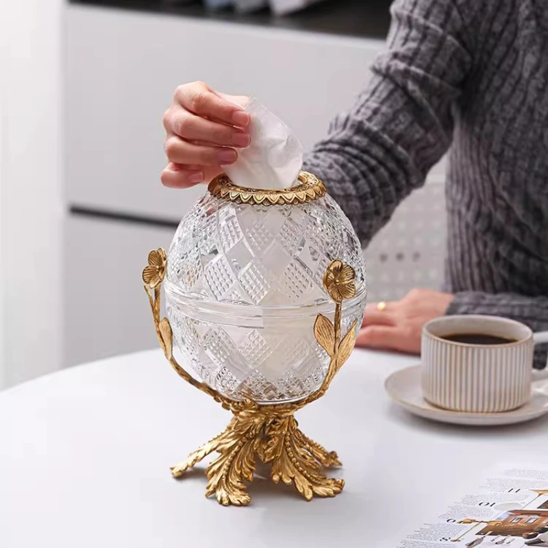 Retro French egg-shaped crystal glass brass pumping carton light luxury living room dining room European round tissue box
