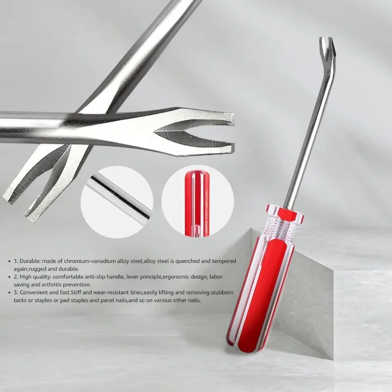 Upholstery Staple Remover Tool V-Tip Nail & Rivet Puller with Red Transparent Handle Metal Construction Furniture Tack Lifting
