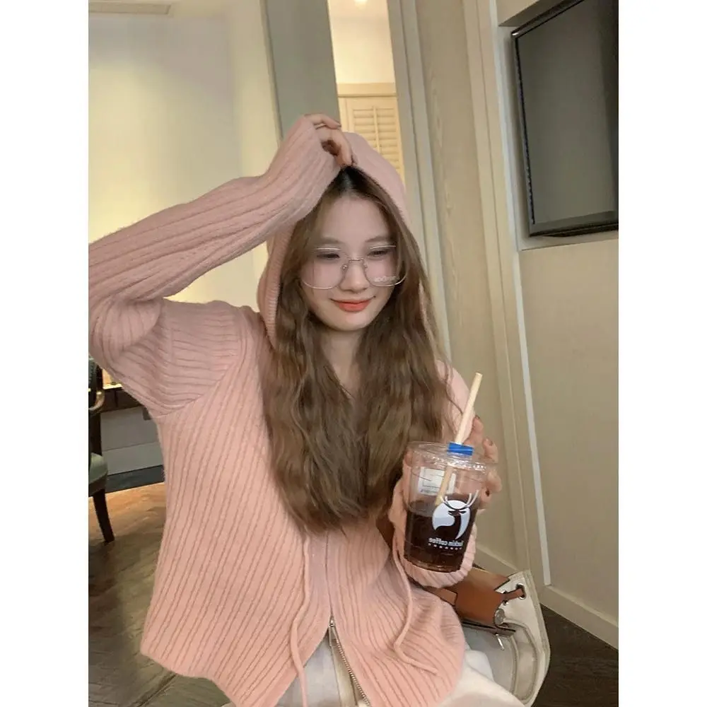 Otoño Invierno estilo coreano elegante doble cremallera cárdigan de punto con capucha mujer primavera y otoño Chaqueta suéter corto de gama alta