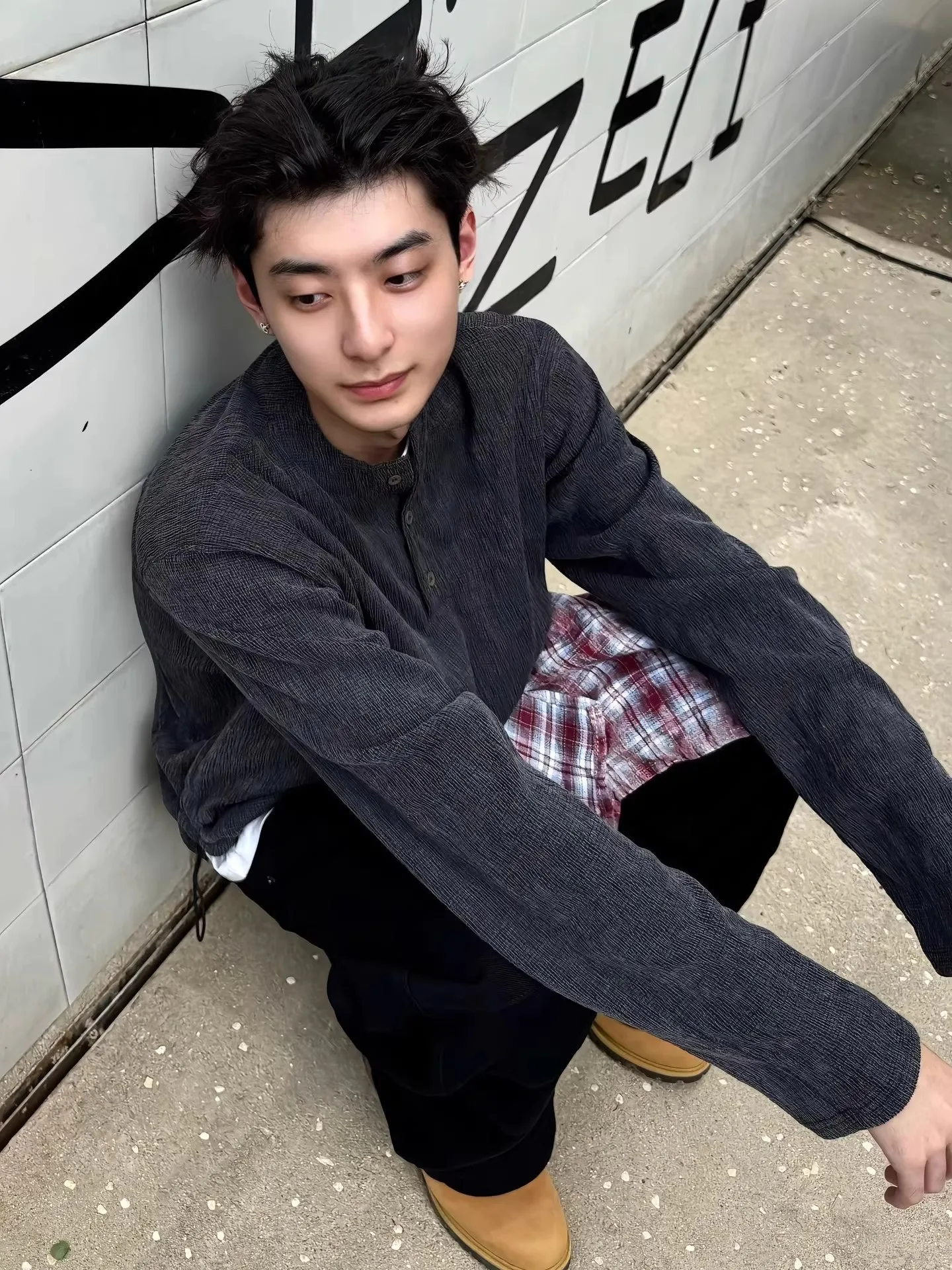 Deep Grey Henry Collar Long Sleeve T-Shirt Men Spring Autumn Drawstring American Retro  Sweatshirt Inner Wear Base Shirt