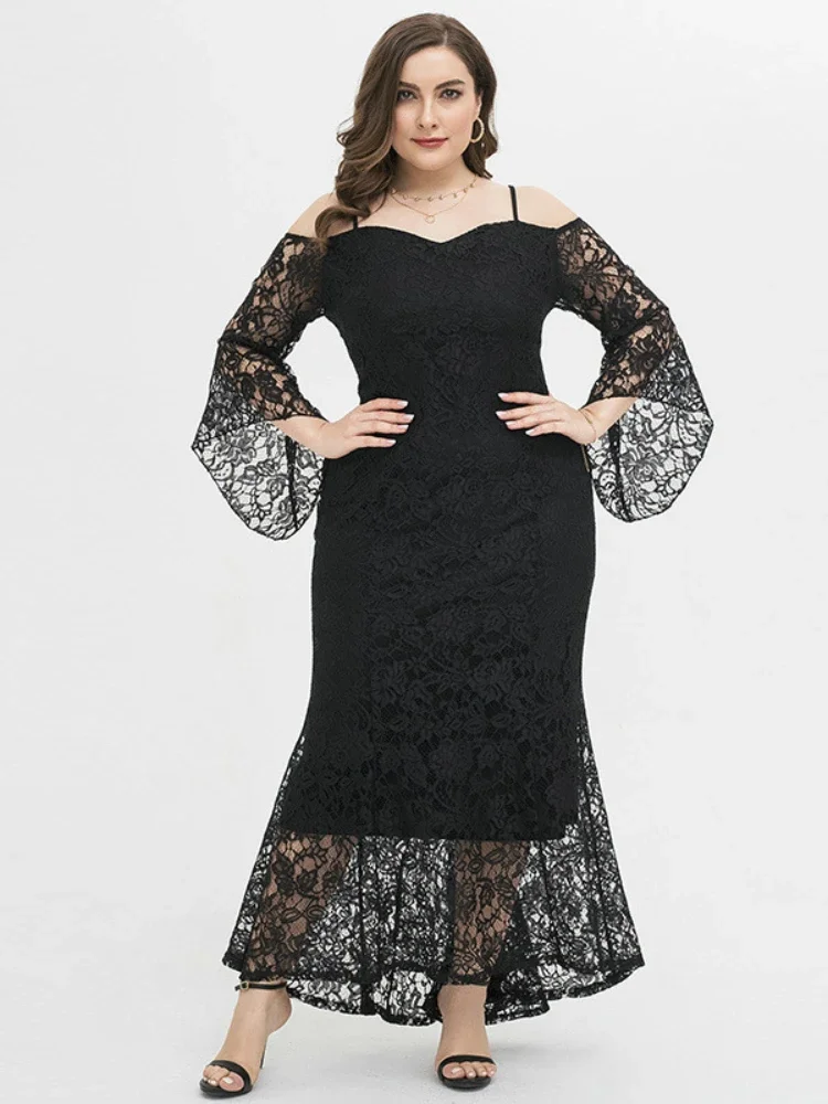 

Summer Sexy Cute Cold Shouder Party Dresses for Woman Lace Flare Sleeves Trumpet Floor-Length Evening Club Plus Size Vestidos