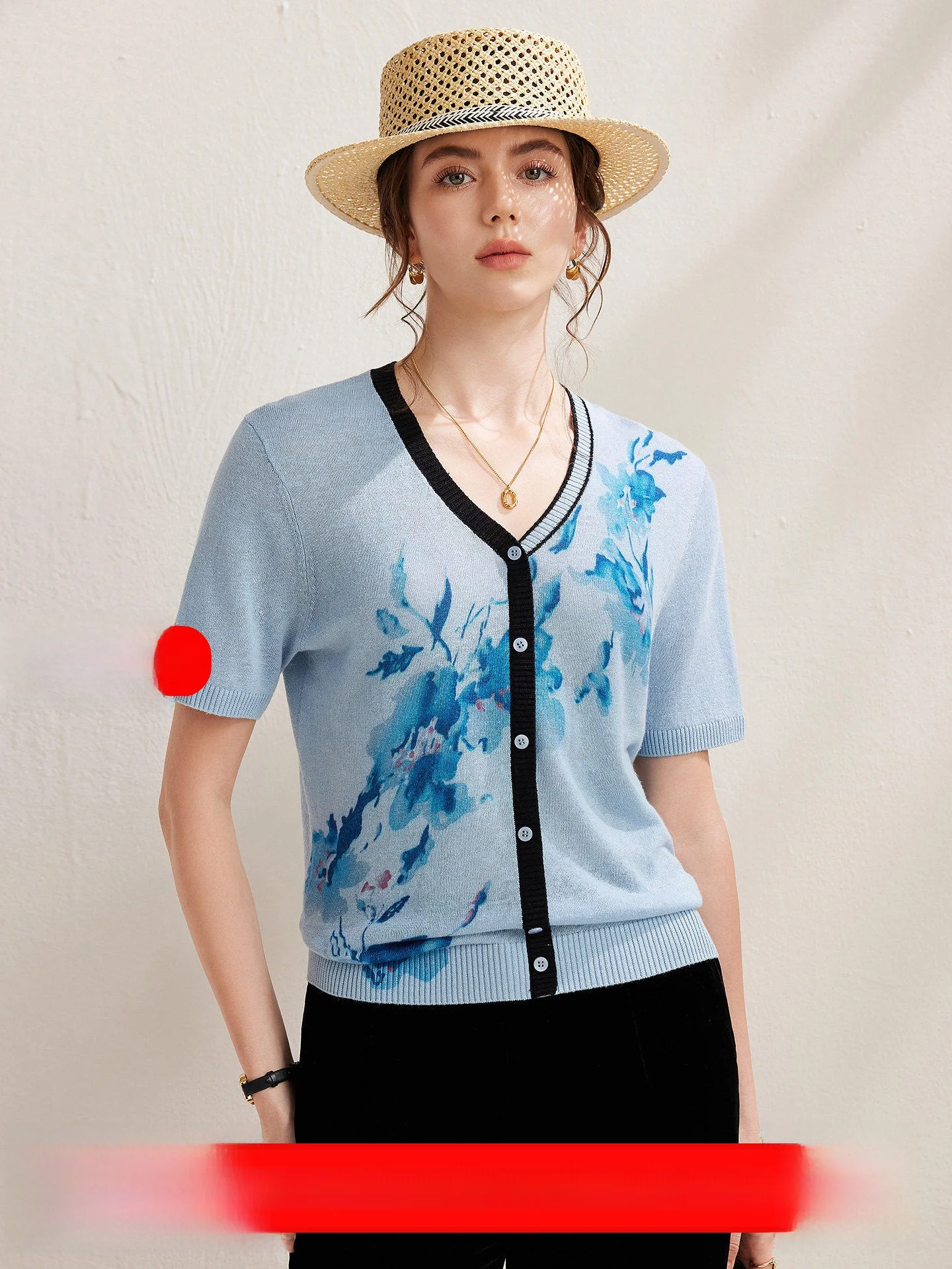 

Mao Jin 2026 Spring Summer Linen New Style Country Flower Knitted Top Women Short Sleeve T-Shirt Fake Button up Overhead Shirt