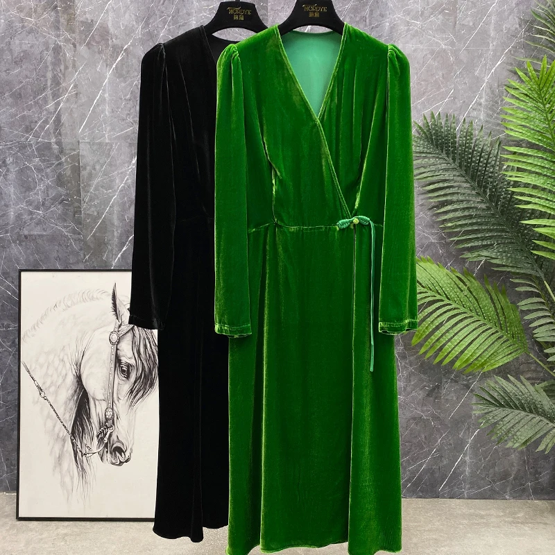 

Элегантное бархатное платье миди с V-образным вырезом, завязками на талии, эффектом стройности, в стиле Хепберн, с высокой талией, А-образной юбкой и длинными рукавами, осеннее.