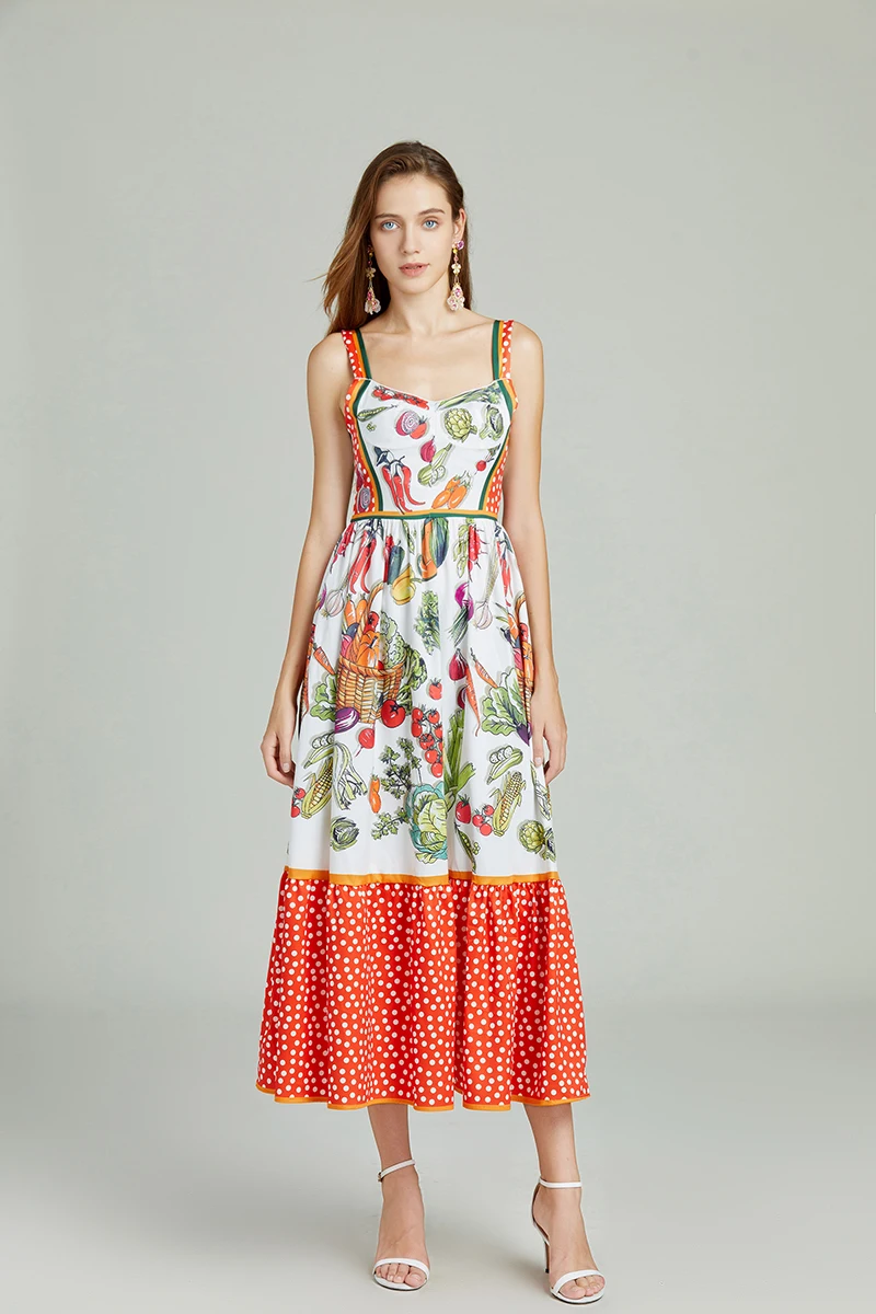 

Banulin Runway Designer Summer Dress Women's V-Neck Spaghetti Strap Vintage Fruit and Vegetable Print Party Midi Dress