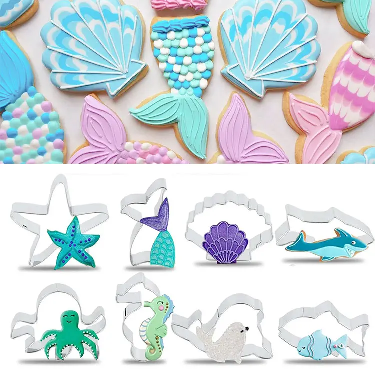 8pcs Under The Sea Cookie Cutters Stainless Steel Mermaid Tail Starfish Shell Biscuit Mold Baking Tools Kids Birthday Decor