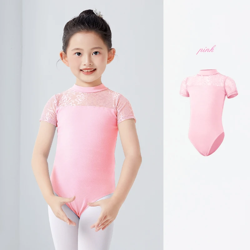 Ballet Turnpakje Voor Meisjes Kids Kanten Opstaande Kraag Gymnastiek Bodysuit Zwart Dance Turnpakje Met Korte Mouwen Tienerbadpak - afbeelding 1