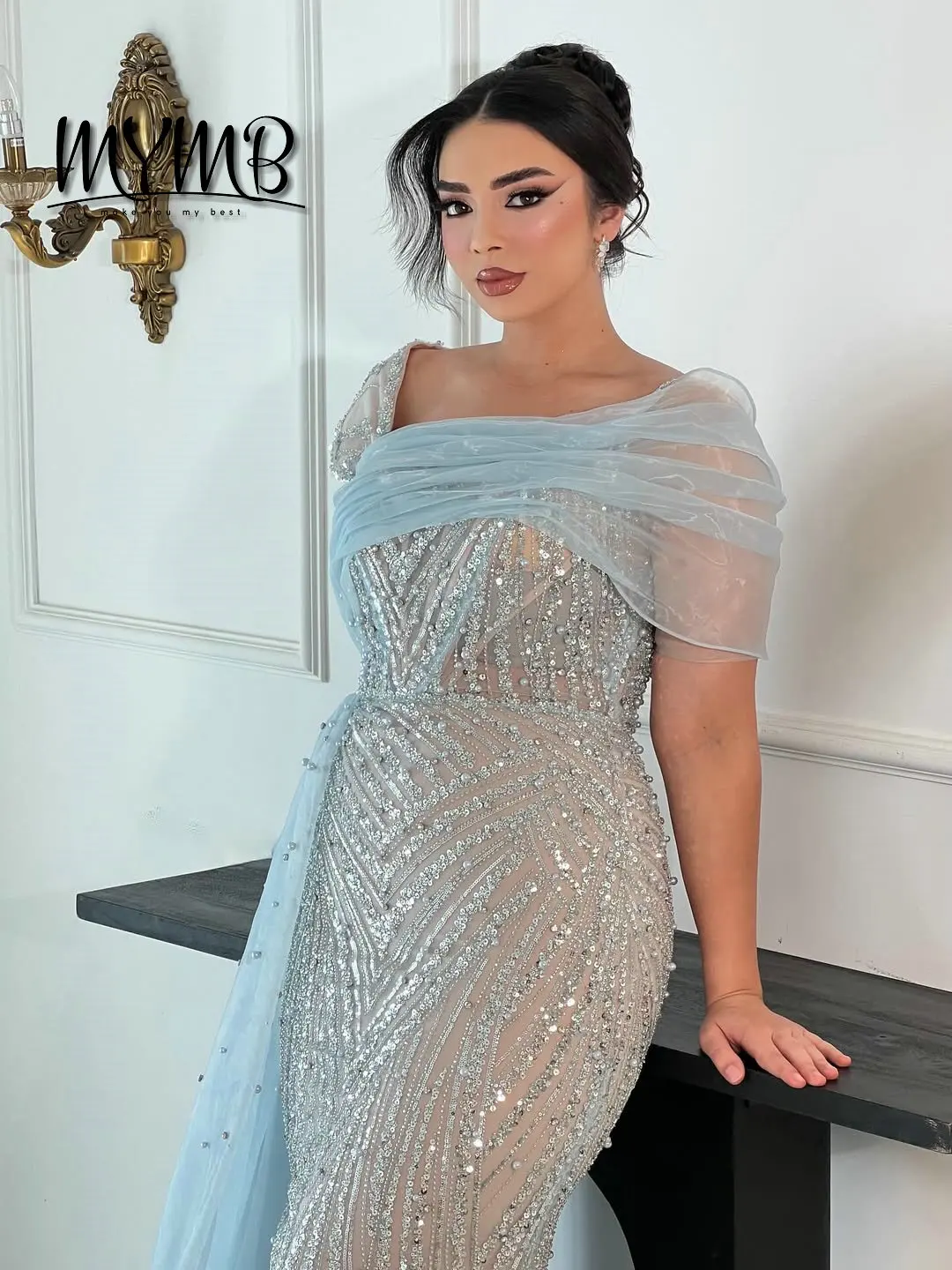 MYMB Luxury Blue Mermaid High Slit Off the Shoulder Evening Gown Dresses Beaded Sequined Embroidered Formal Banquet Gown MY30093