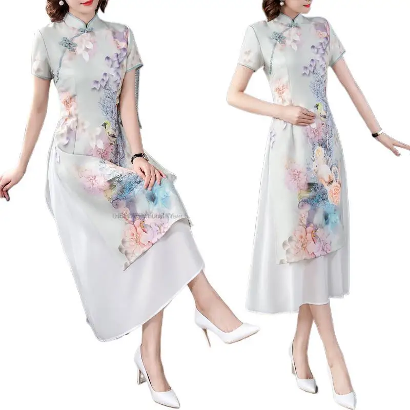 Vietnam Traditional Style Ao Dai Vintage Floral Chiffon Cheongsam Short Sleeve Retro Chinese Qipao Wedding Evening Dress P1