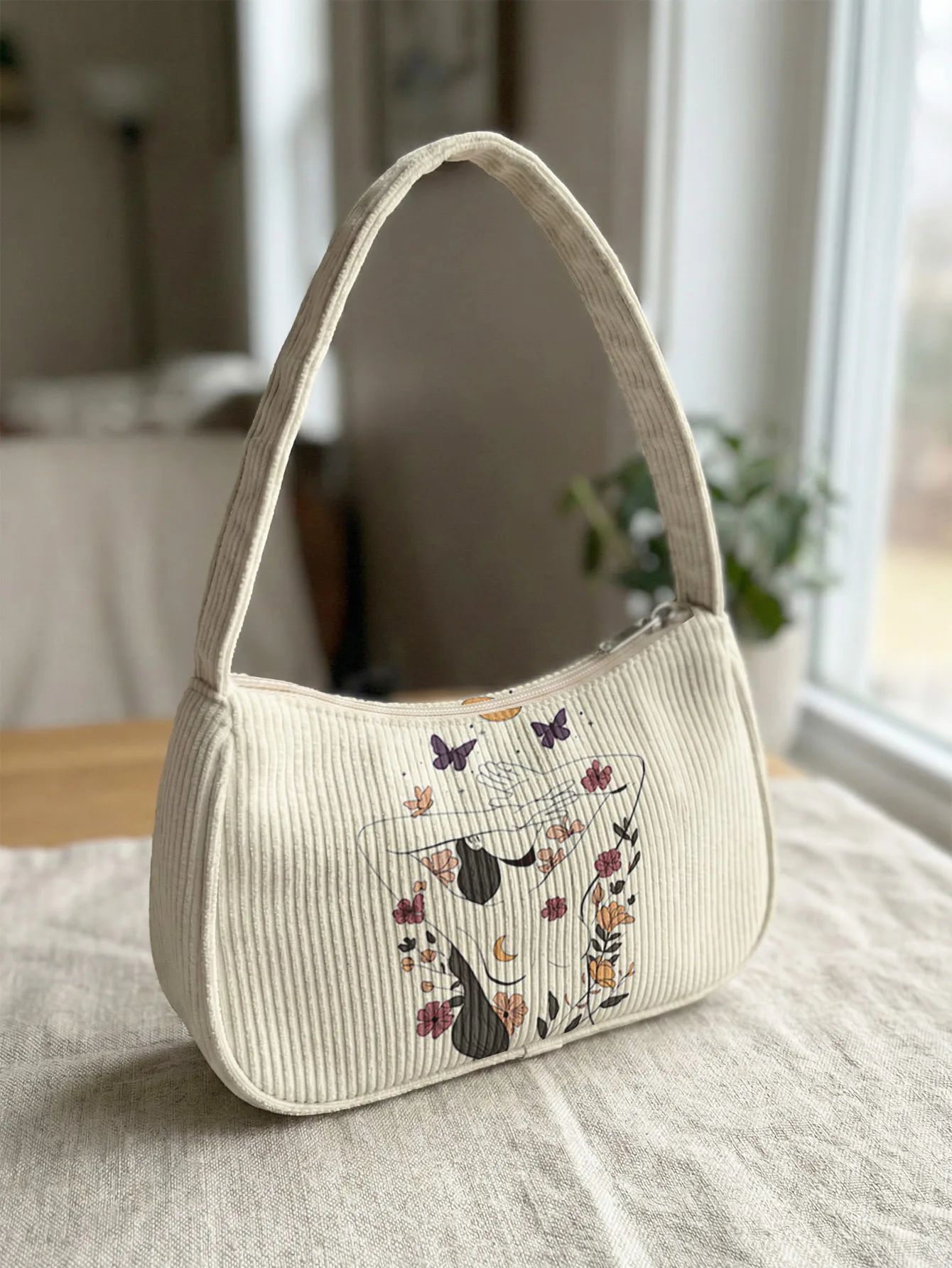 Line Art Lady Floral Butterfly Moon Print Shoulder Bag, Corduroy Underarm Bag For Daily Casual Use