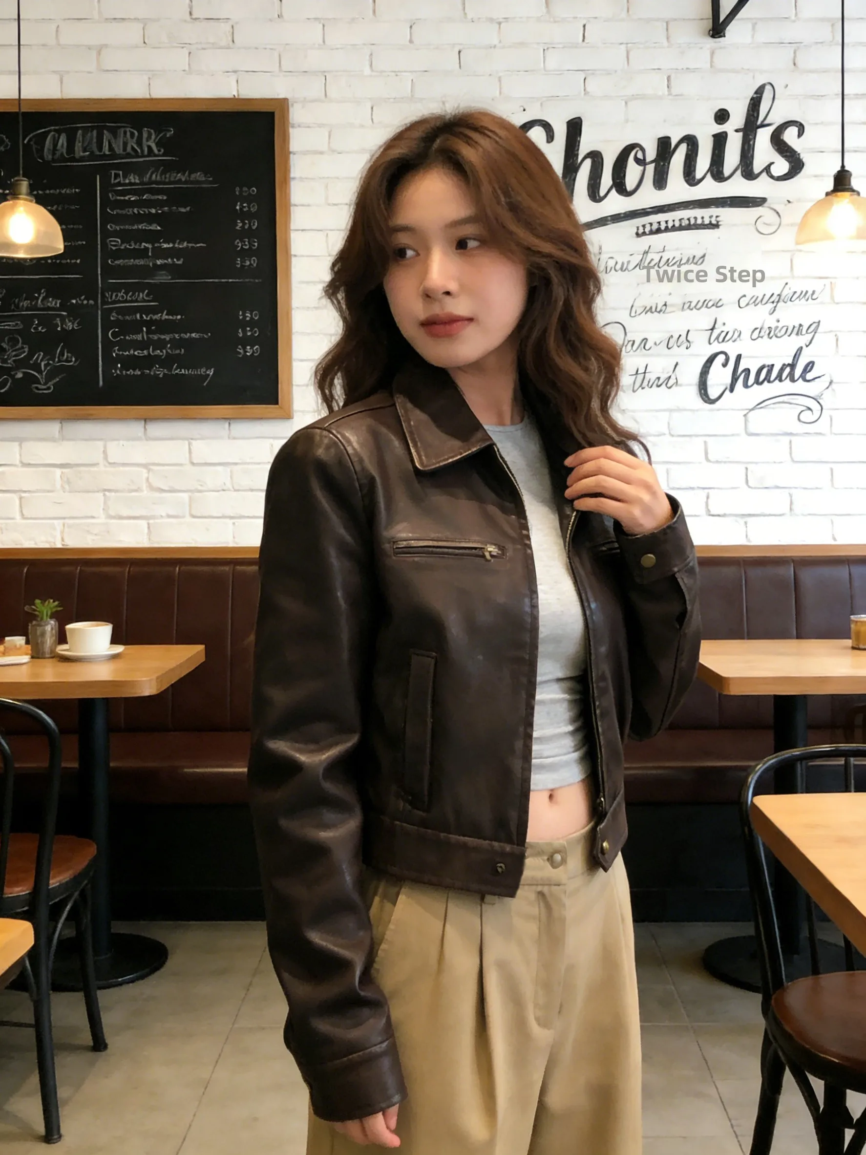 Veste en cuir cool pour femme, coupe ajustée, en cuir PU, manteau d'automne, nouveau style, marron, style américain rétro, veste de moto