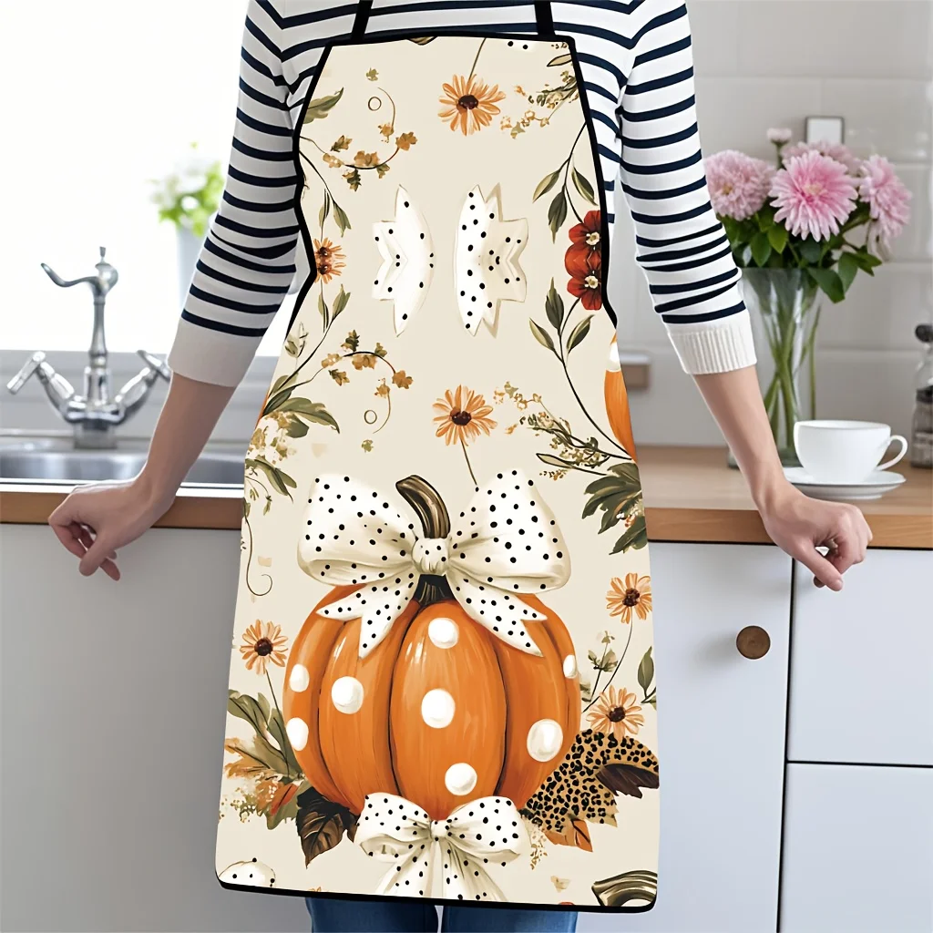 Thanksgiving Apron Autumn Harvest Kitchen Apron with Pumpkin, Leaf, And Berry Patterns - Lightweight And Easy to Clean