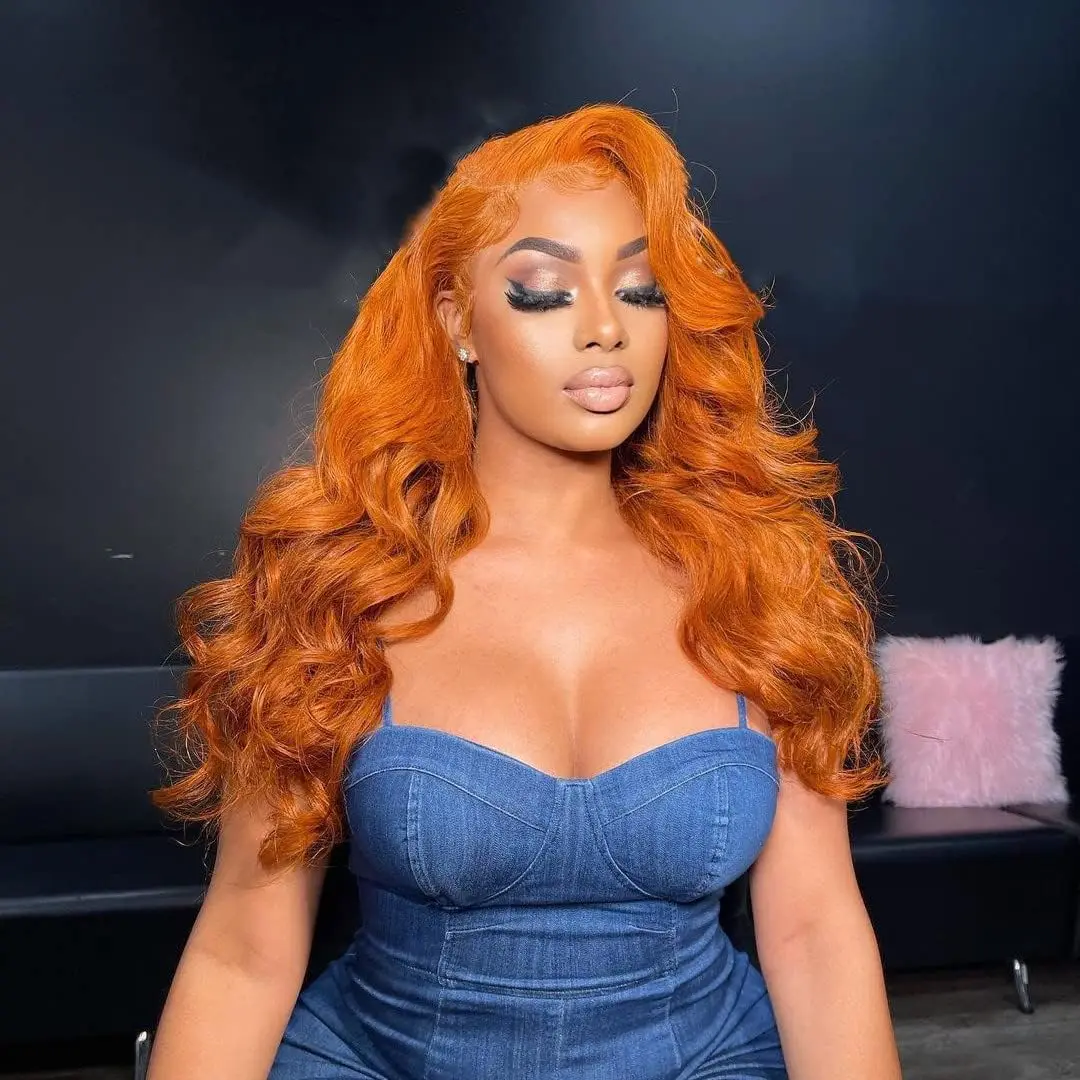 

Orange Ginger Body Wave Lace Front Human Hair Wigs Transparent 13×4 13×6 Lace Frontal Wig PrePlucked Colored Lace Wig Remy