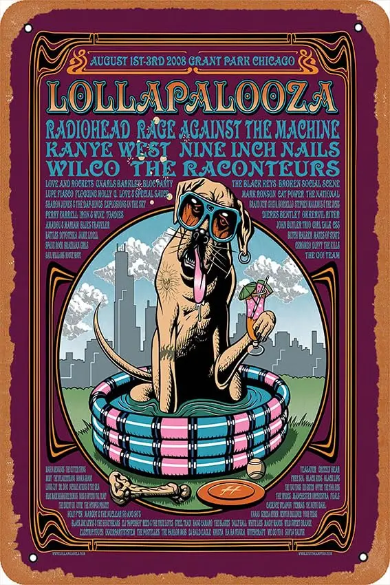 Lollapalooza - 2008 Burgundy/Red Poster Chicago, IL RARE Metal Tin Signs Home Bar Man Cave Vintage Wall Decor Funny Gifts