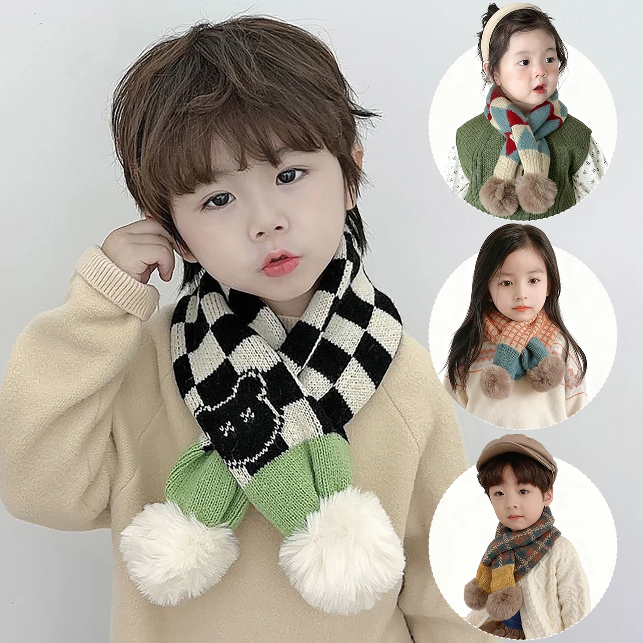 موضة منقوشة مخطط الاطفال وشاح شتاء دافئ الأطفال عبر منديل مكافحة البرد يندبروف في الهواء الطلق الطفل غطاء للرقبة Pompom وشاح