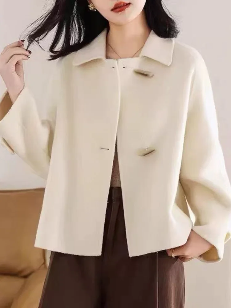 숏 혼 버튼 배기 재킷 코트 여성 캐주얼 엘레강트 울 재킷 턴다운 칼라 한국 패션 루즈 재킷