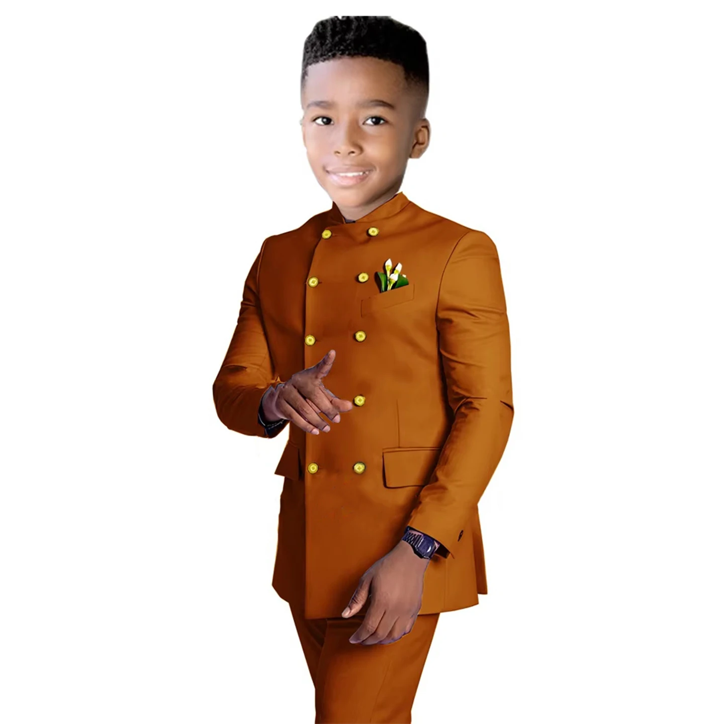 Boys' Double-Breasted Black Suit Set with Gold Buttons High-Collar 2 Piece Formal Wear for Kids Suitable for School Events