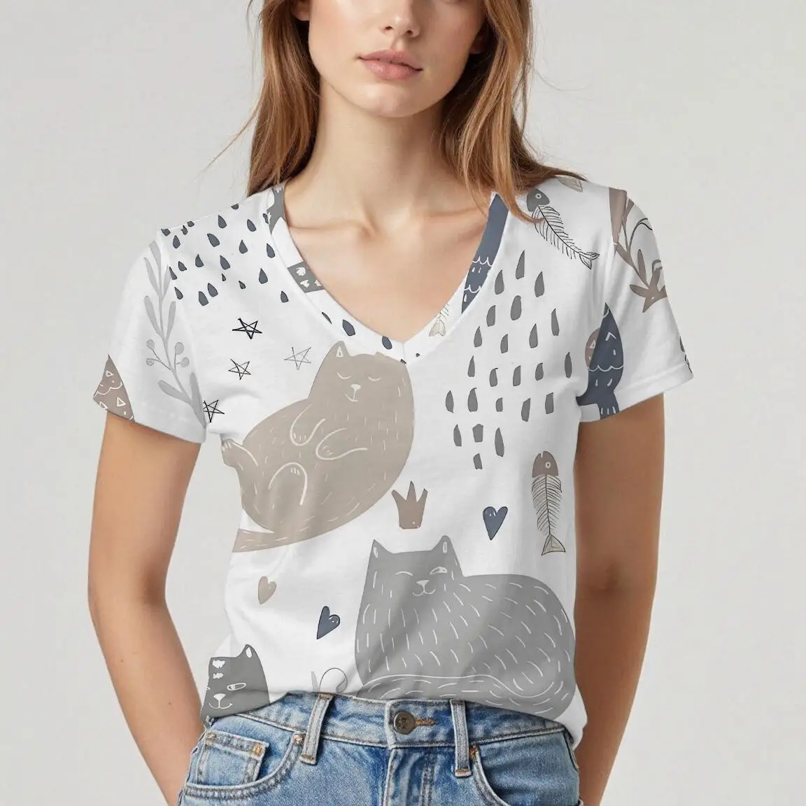 New V-neck women's short-sleeved T-shirt with cat pattern design. Summer top with soft texture, comfortable and breathable