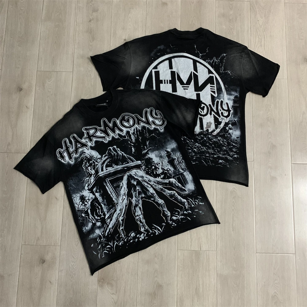 Los Angeles HARMONY Skeleton Diamond Print T-shirt T Shirt Men Women Tee Tops T-Shirt
