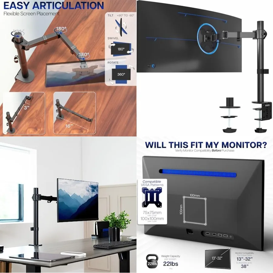 Single 13 to 38 inch Ultrawide Monitor Arm Desk Mount, Regular Screens up to 32 inches, 22 lbs capacity, Fully Adjustable Stand with C-Clamp and Grommet Base, Black
