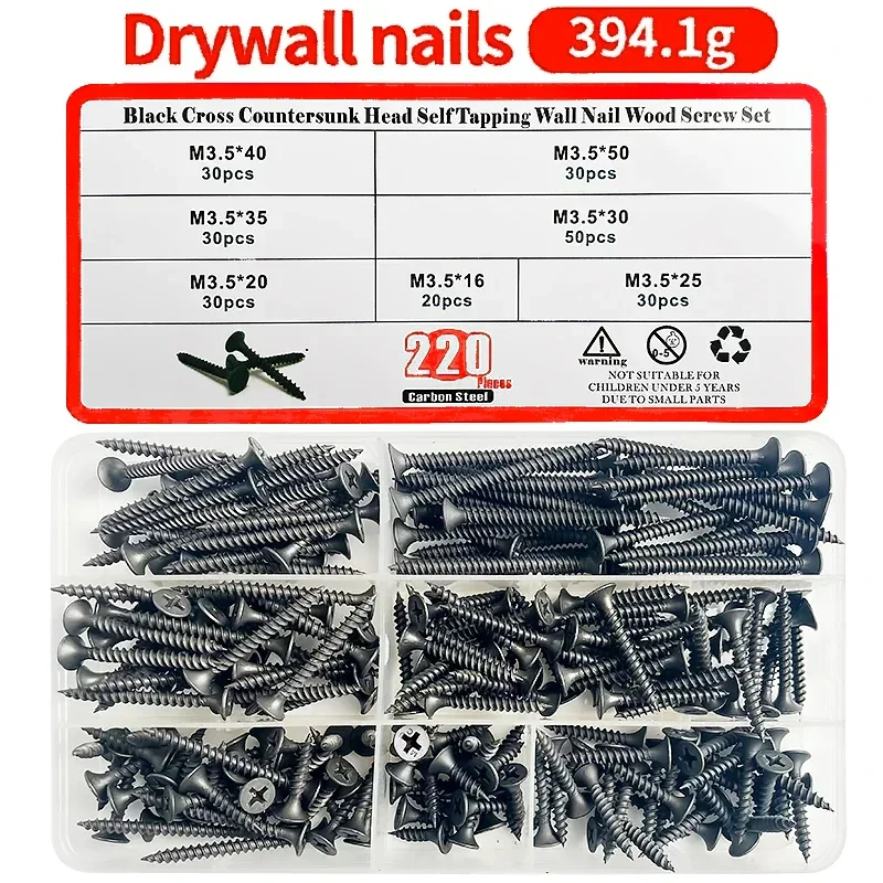 

220Pcs/Box Cross Countersunk Head Self Tapping Wood Screws Flat Head Screw Hardened Tip Drywall Screw Nail M3.5