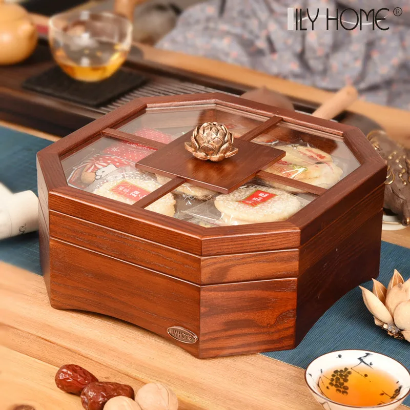 Dried Fruit Storage Box Double-Layer Melon Seeds Nut Plate Living Room Divided Solid Wood Light Luxury Snacks Candy Box