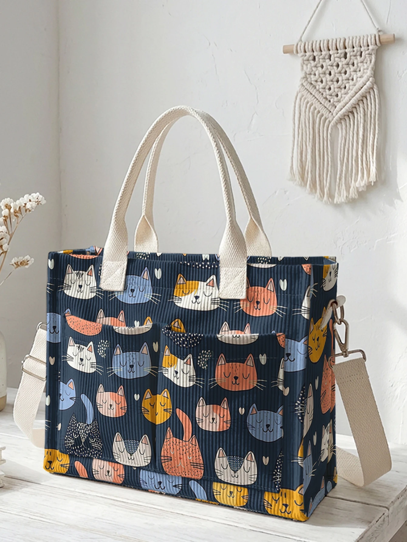 

Cute Sleeping Cat Print Corduroy Tote Bag Large Capacity Multi Pocket Cat Lover Commuter Shoulder Bag