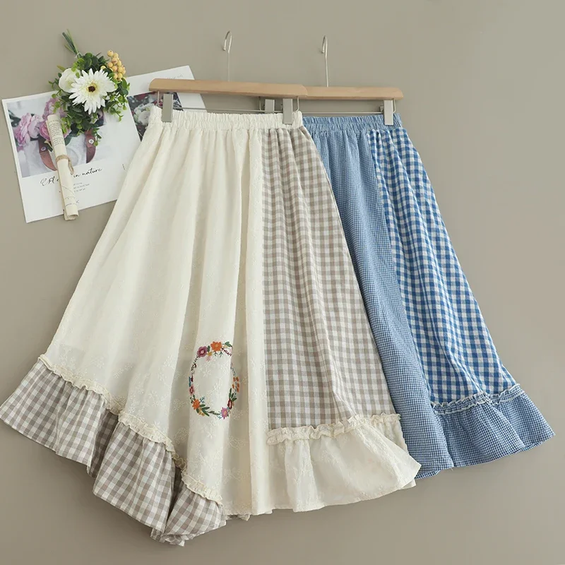 Summer Sweet Mori Girl Irregular Plaid Floral Embroidery Patchwork Skirt Women Elastic Waist Casual Loose Cotton Linen Skirts