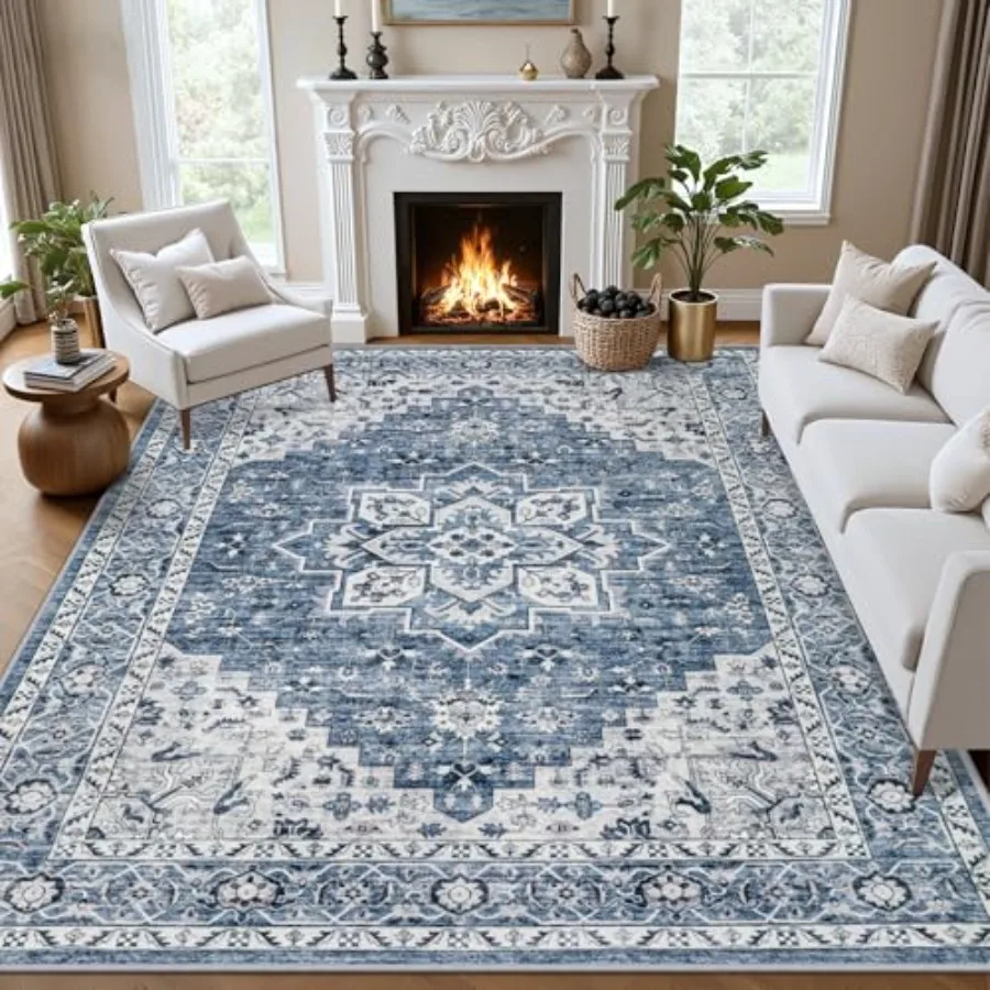 

Living Room Area Rug: Washable Vintage Boho Medallion Rug in Blue, Stain Resistant Soft Indoor Carpet for Bedroom, Dining Room,