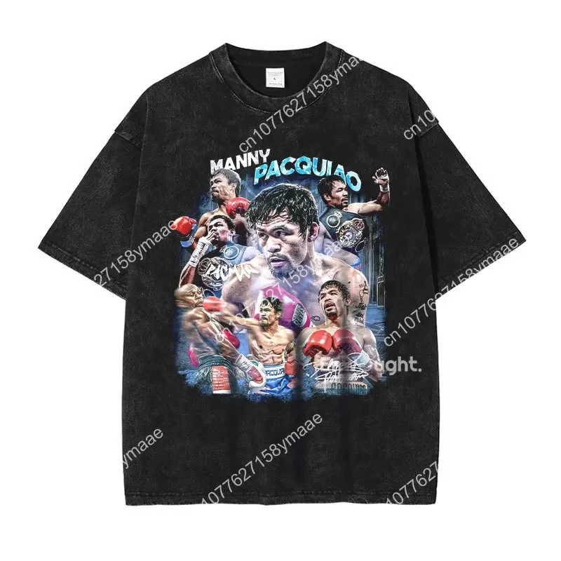 Manny Pacquiao Boxing Champion T shirt Vintage Washed Short Sleeve Tops Tees Oversized T-shirt Harajuku Sweatshirt Men Cotton