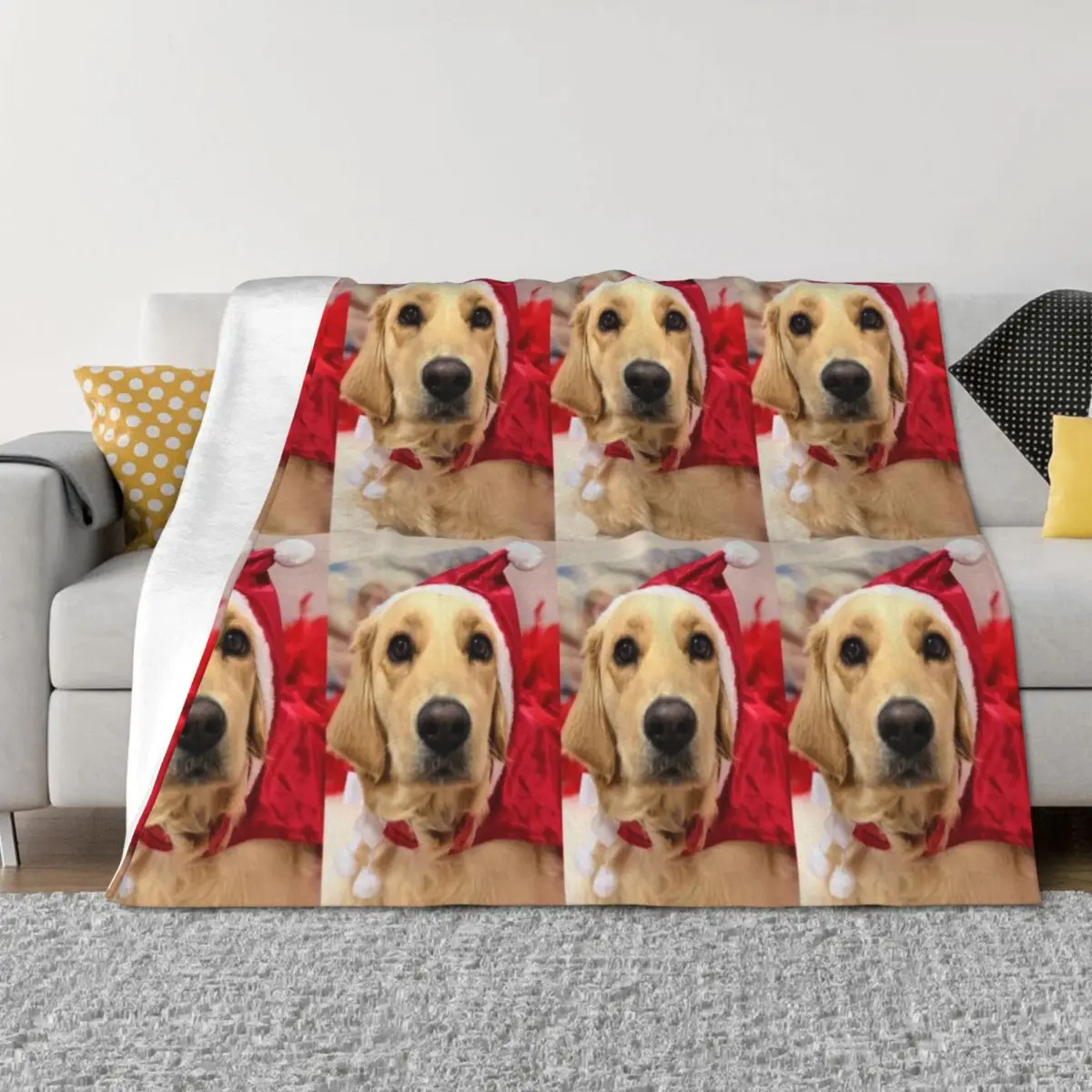

Golden retriever Santa puppy happy Christmas Throw Blanket Plaid on the sofa Flannels Sofa Throw sofa bed Blankets