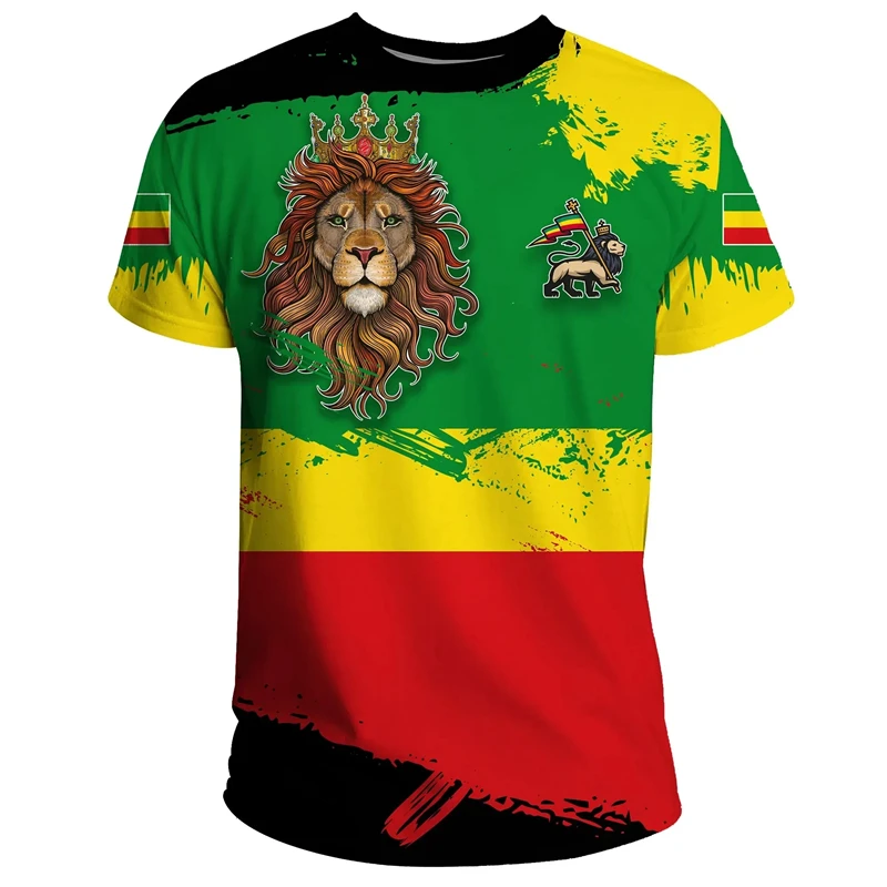 Africa County Ethiopia Eritrea Lion Tattoo Retro Street 3D Print Tee Shirts Ethiopian National Emblem Unisex Short Sleeve Tops