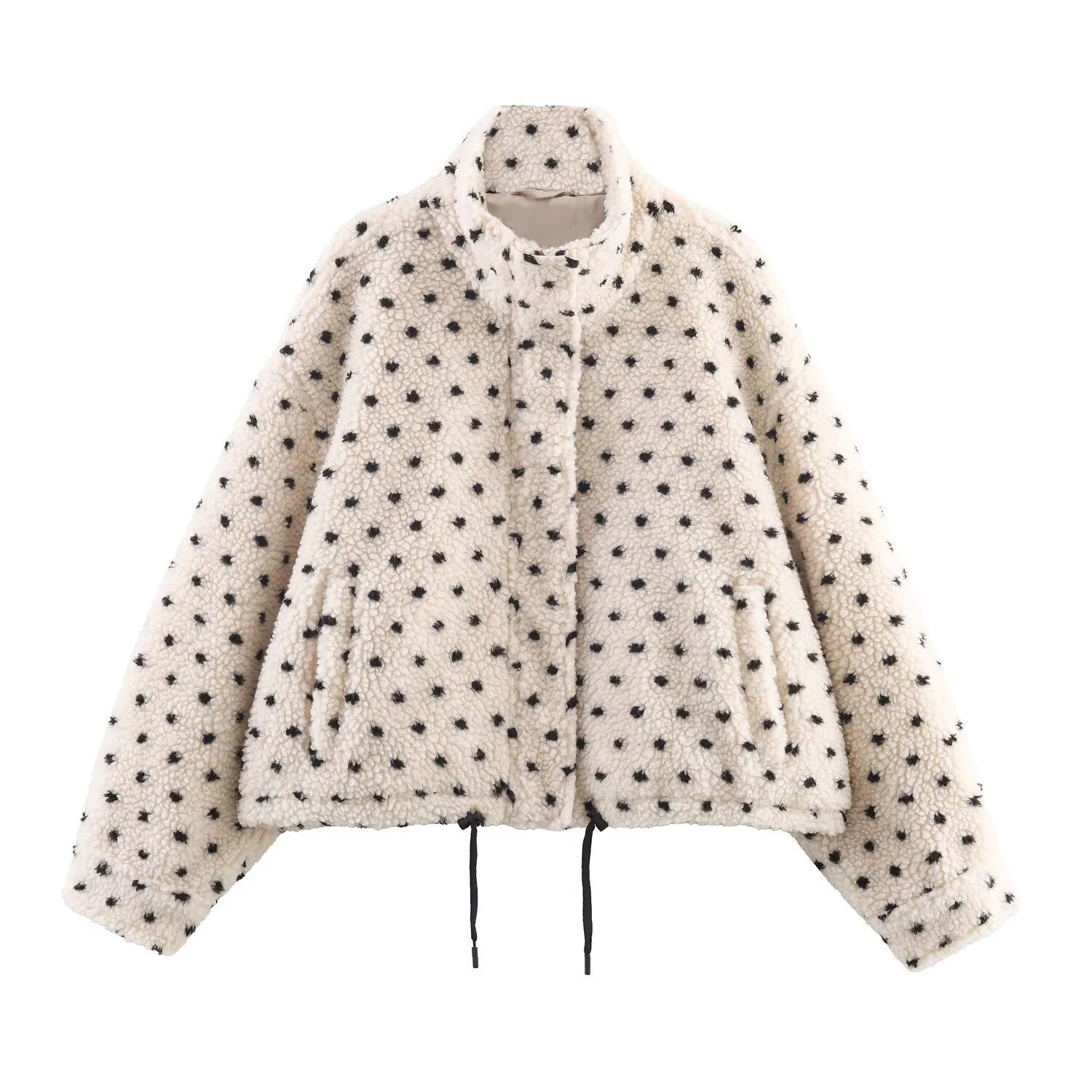 Fashionable Polka Dot Fleece Jacket Stand Up Collar Long Sleeved Loose Fitting Jacket Autumn Winter New Women's Clothing