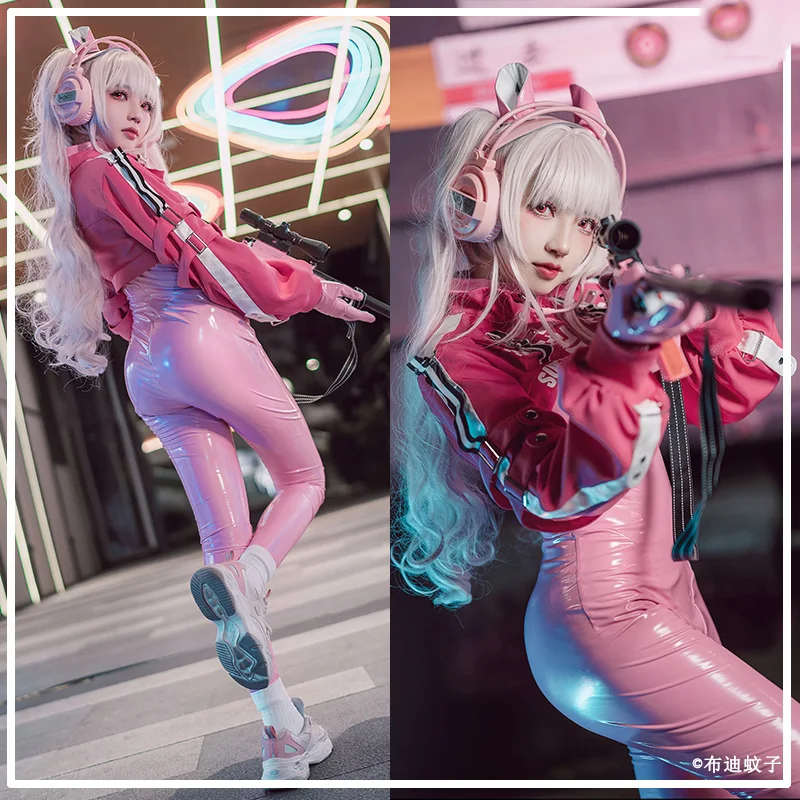 The Hot Game NIKKE Cos Alice Sexy Pink PU leather Tights Cosplay Female reflective fabric Halloween Outfit A