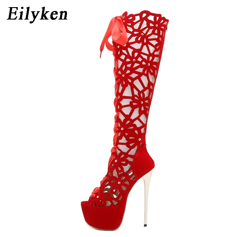 EilyKen Ankle Lace-up Open Toe Flowers Women Boots Sandals Sexy Big Red Wedding Party High Heels Ladies Fashion Shoes - view 3