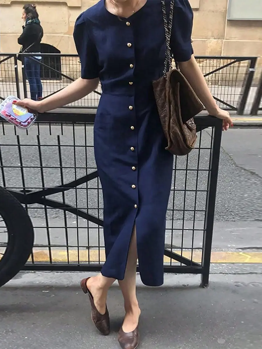 Ele Gonna lunga lavorata a maglia francese con manico in vita Dr Sli a bottone singolo per donna Bellissimo nuovo arrivo primavera estate