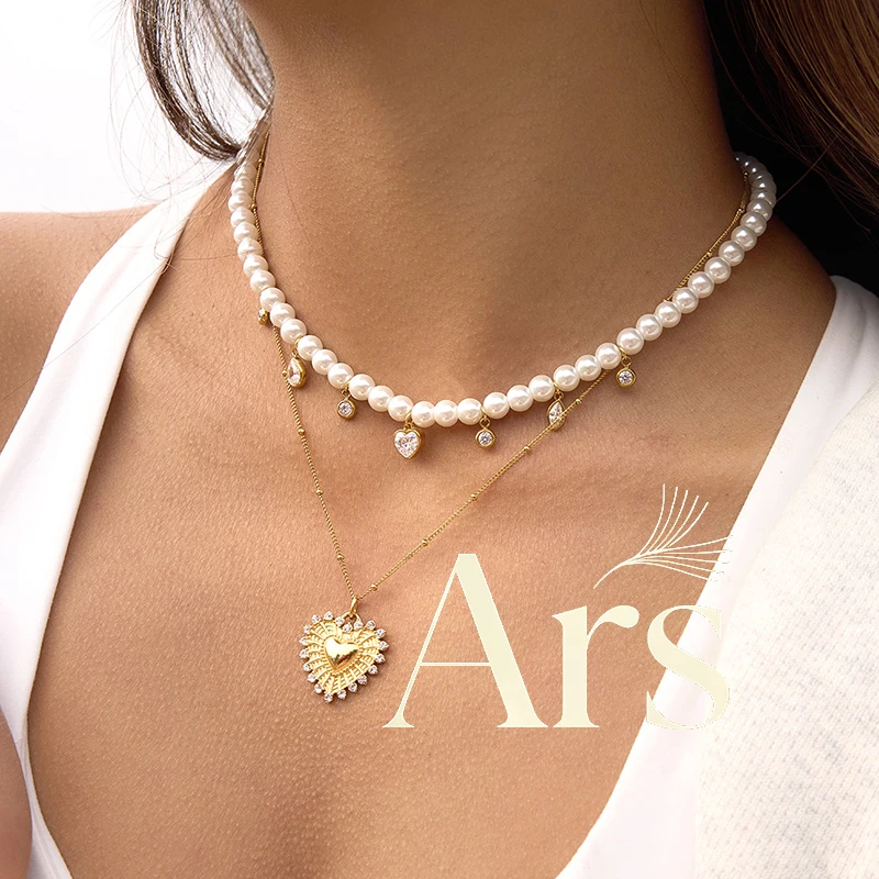 Ars Elegant Pearl Beaded Necklace 18k Gold Plated Stainless Steel Heart Pendant Necklaces Women's Multi Zircon Charm Necklaces