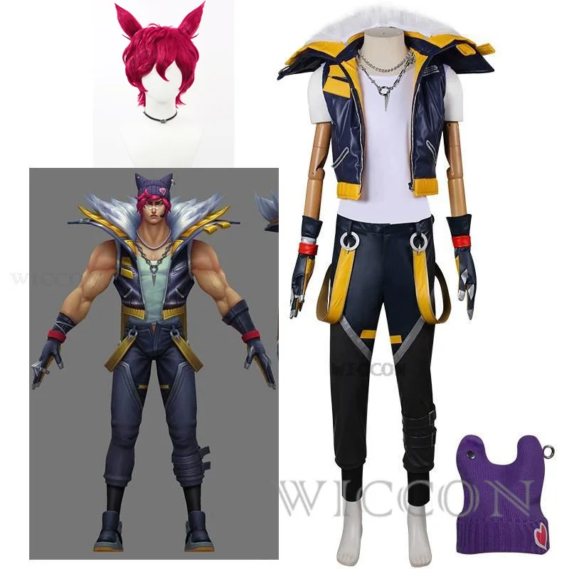 LOL Sett The Boss Cosplay Costume Wig HEARTSTEEL Uniforms Hat Hair Ears Halloween Party Game Teamfight Mens New Skin Suit