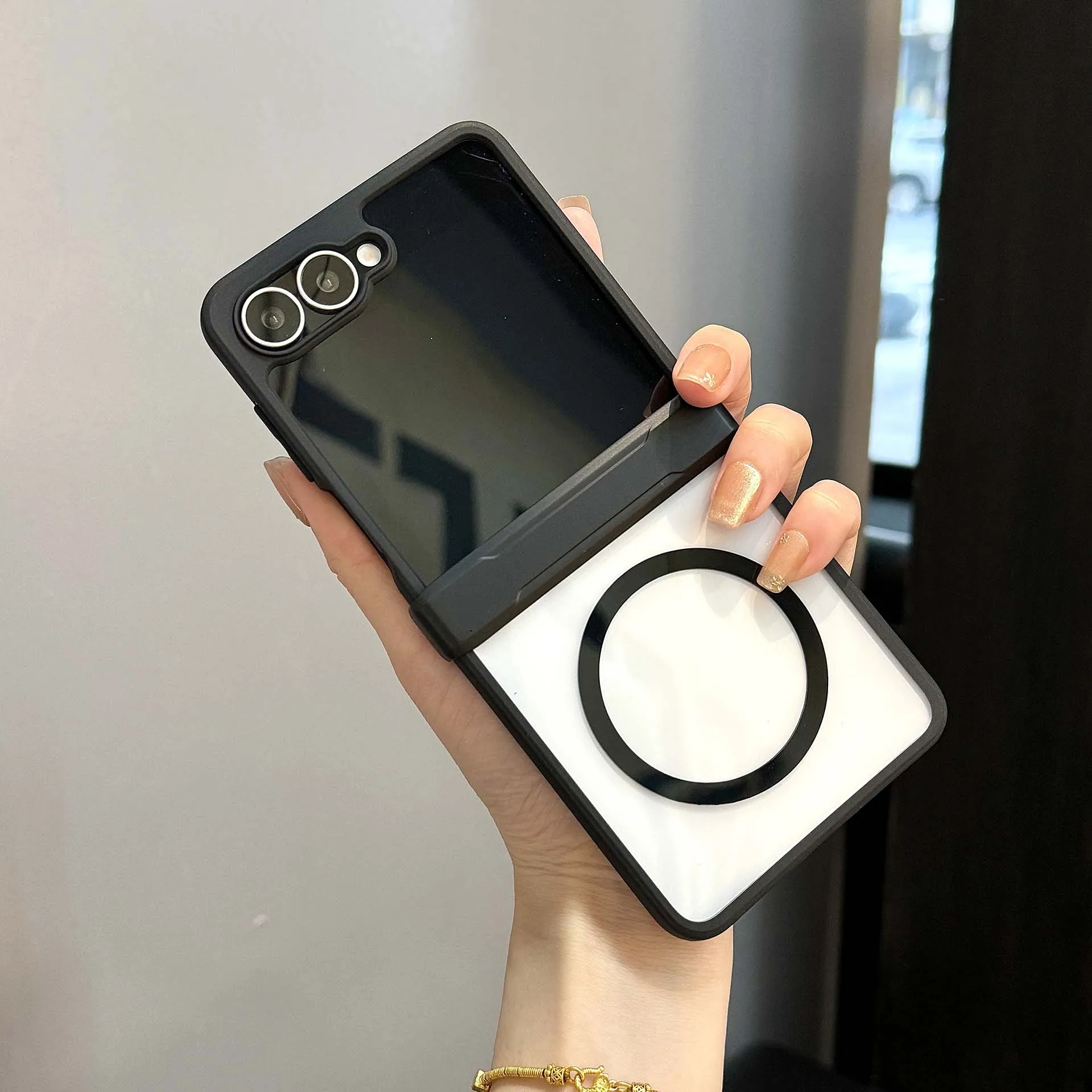 Clear Magnetic Phone Case for Samsung Galaxy Z Flip 7 Black Soft Silicone Border Folding Hinge Wireless Charging Protect Cover